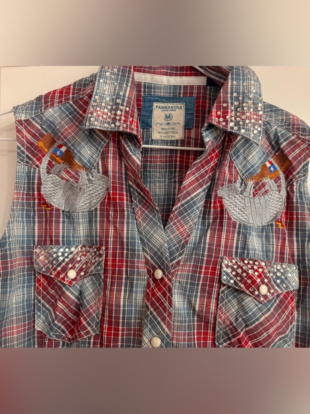 Sleeveless Red Plaid Western Shirt with Embroidered Pockets - Panhandle Slim - Picture 2 of 2